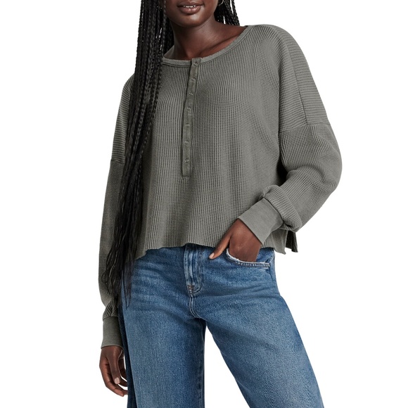 NWT Splendid Alina Waffle Henley Sweatshirt Shirt Top Green Gray Cropped Boxy XL - Picture 1 of 10